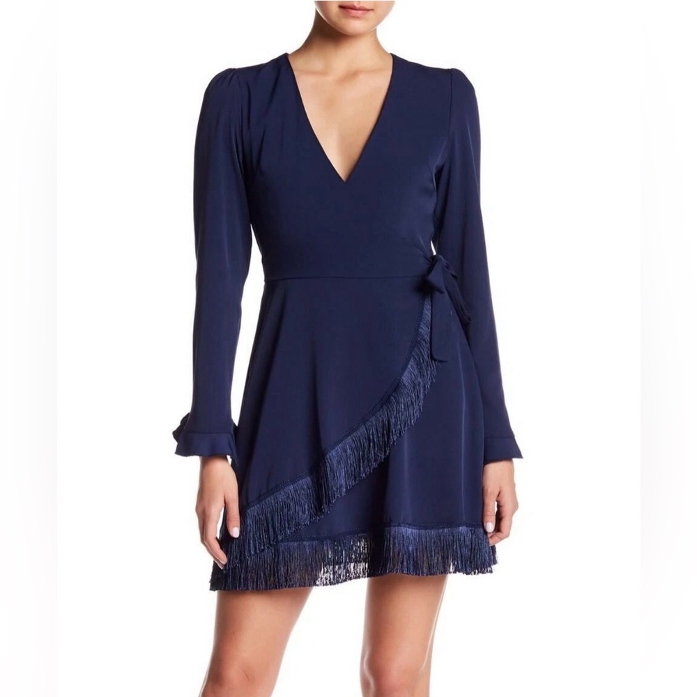 Lea &‎ Viola Navy Long-Sleeve Wrap Dress with Fringe Trim